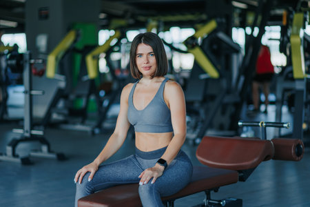 Amidst the gym equipment, a portrait features a pretty young woman of American origin, sitting gracefully, and exuding the charm of an active lifestyle.の写真素材