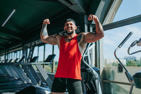 In this striking gym portrait, a young, muscular Caucasian man showcases his bodybuilding prowess. Portrait of a Muscular Bodybuilder in the Gymの写真素材