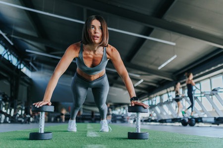 A determined female athlete engages in intense bodybuilding training with dumbbells. Sportswear and Strength Sporty Womans Gym Dumbbell Workoutの写真素材