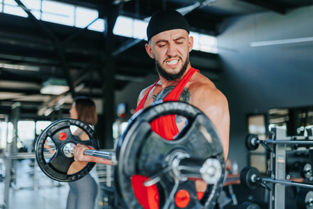Experience the essence of a challenging workout with this powerful image of a Caucasian male athlete in the gym. Hes engaged in intense weightlifting, demonstrating exceptional determination,の写真素材