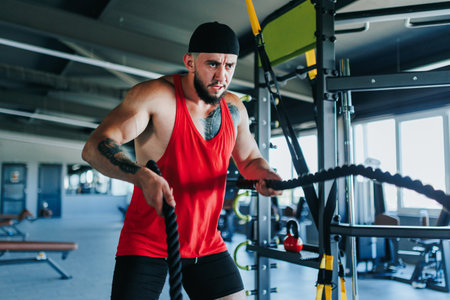 a concentrated and determined young man practicing his rope workout in the indoor gym. His muscular physique, combined with his dedication and athleticism,の写真素材