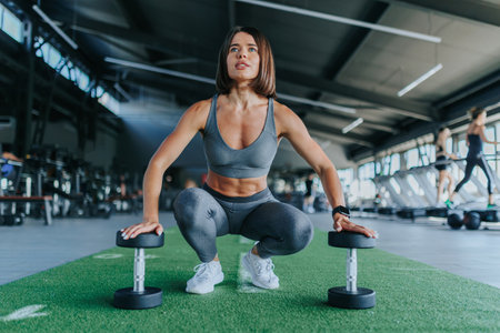 An American sportswoman, fully engaged in her workout, lifts heavy dumbbells. Focused Athlete Caucasian Womans Dumbbell Training in Gymの写真素材