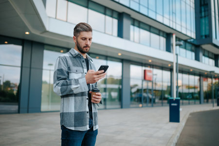 A nice and confident man, using his mobile phone with an urban cityscape in the background. Nice Day for a Digital Stroll Confident Urban Male, copy spaceの写真素材