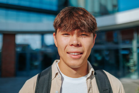 Amidst the urban hustle and bustle, an Asian Korean student boy stands outdoors with his schoolbag. His joyful expression and smile convey the satisfaction of a young man looking at cameraの写真素材