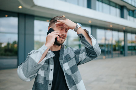 Out in the city, a young bearded man is talking on the phone, displaying an unhappy expression. Bearded Guy Expressing Anxiety While Conversing on Smartphoneの写真素材