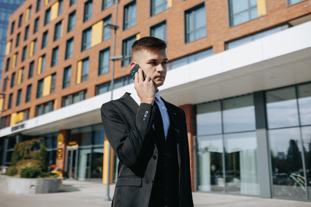 In the heart of the urban business district, a young Caucasian businessman in a sharp business suit engages in an discussion on his smartphone,の写真素材