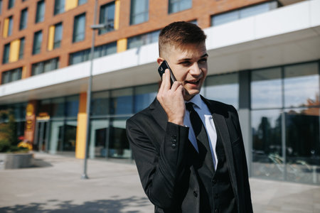 A young Latino American Caucasian businessman, dressed in a suit and tie, is talking on the phone and is happy, enjoying success, standing outside in the city with buildings in the background.の写真素材