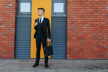 A young Caucasian American man dressed in a business suit poses against the background of urban skyscrapers, exuding confidence and professionalism.の写真素材