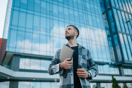 A powerful image of a young Hispanic American male, confidently holding his laptop, set against the backdrop of a lively urban environment, exudes determination. copy spaceの写真素材