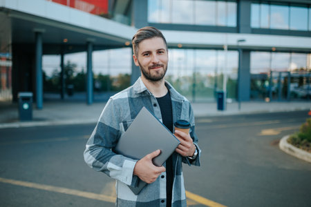 a young Caucasian man looking at camera confidently poses with a laptop against the backdrop of a dynamic cityscape, symbolizing white-collar success.の写真素材