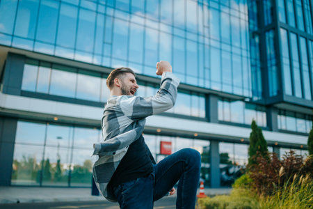A bearded Hispanic gentleman stands outdoors, surrounded by the citys energy. His laughter and joy are authentic as he celebrates a triumphant moment.の写真素材