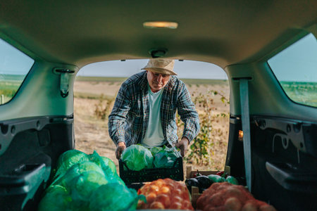 Harvest Time in the Countryside An Aged Farmer Walking with a Crate of Fresh Vegetables. Embracing...