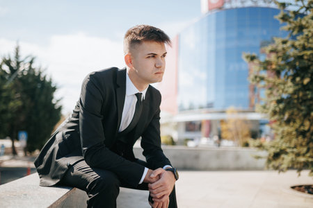 A young, focused entrepreneur sits amidst the urban business district, symbolizing ambition. His sharp business attire harmonizes with the towering city buildings, making him a portrait of success.の写真素材