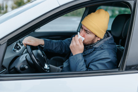 Navigate the city streets with a bearded chauffeur facing the harsh realities of flu season. This vivid image captures the young mans struggle, featuring sneezing and coughing on city streets.の写真素材