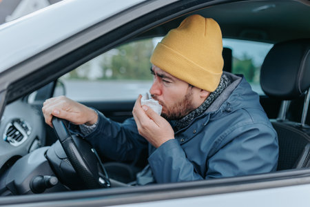 Navigate the city streets with a bearded chauffeur facing the harsh realities of flu season. This vivid image captures the young mans struggle with sneezing and coughing as he drives throughの写真素材