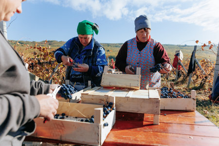 Harvesting Ritual Dedicated workers ensuring a successful grape harvest in the vineyard. Moldova - 18 oct 2023のeditorial素材