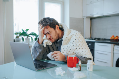 Winter Workday Woes Tousled haired guy endures flu, headache, wraps in duvet, by laptop, struggling in the cold home office.の写真素材