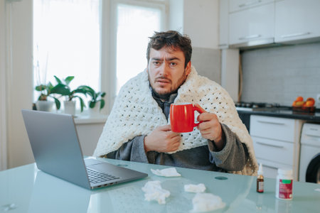 Flu, a young Caucasian man with a beard, wrapped in a duvet and shivering from the cold, seated on a chair in the kitchen. The video objectively illustrates the impact of seasonal diseases.の写真素材