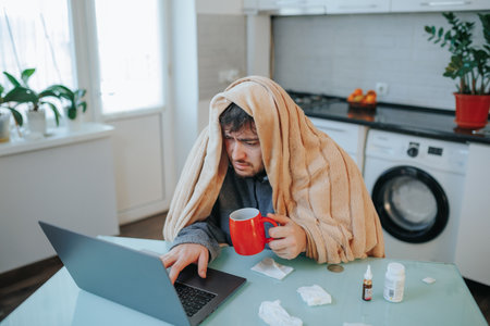 Winter Wellness Saga Tousled haired, bearded man endures flu in a cold home, wrapped in a cozy duvet, committed to work on his laptop.の写真素材