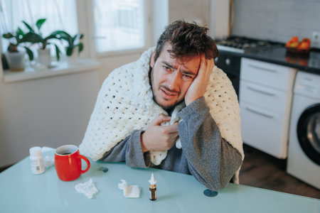 A young man, flu stricken, endures seasonal suffering at his home office. Wracked with headache, he sits in the kitchen, shaking, wrapped in a duvet, and diligently working on his laptop.の写真素材