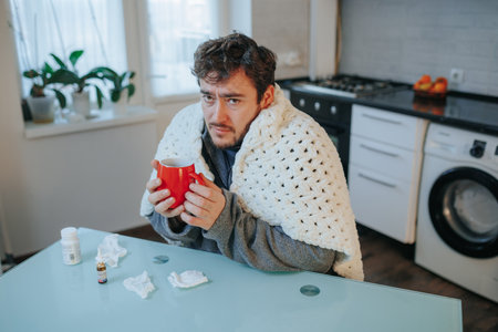 Winter Ailment Scene An objective photo featuring a young Caucasian man with a beard, wrapped in a duvet, shivering from the cold while sitting on a chair in the kitchen.の写真素材