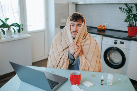 Shivering Through Flu A image depicting a young Caucasian man with a beard, covered in a duvet and shivering from the cold, seated on a chair in the kitchen.の写真素材