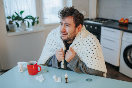 Homebound Flu A image depicting a young Caucasian man with a beard, wrapped in a duvet, shivering due to the cold, seated on a chair in the kitchen. The objective image conveys the experienceの写真素材
