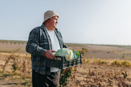 An Aged Farmer Proudly Holds a Crate of Fresh Cabbage, Embracing Harvest Time in a Rural Setting. Experienced Senior Farmer Tending to the Harvest in Rural Countrysideの写真素材