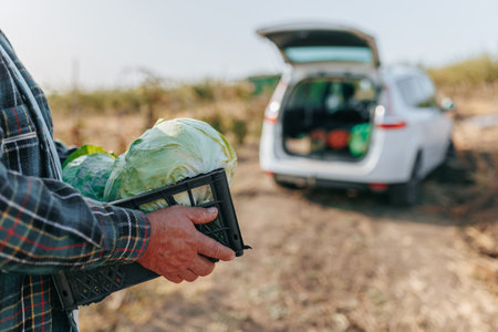 close up of a Rural Bounty A Mature Caucasian Farmer hands Amidst Cabbage Crates, with an Auto on the Farm. Senior Farmer and His Cabbage Harvest with Car in Rural Sceneの写真素材