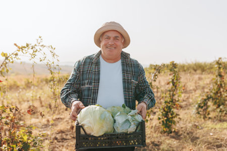 Countryside Abundance The Harvest of a happy Male Farmer looking at camera, His Crate Laden with Fresh Cabbage. Portrait of Hard Work Senior Farmer with Cabbage Harvest in the Fieldの写真素材