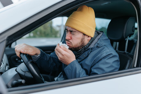 Join a young chauffeur on a unique journey through the challenges of flu season. This image encapsulates the bearded mans discomfort, showcasing sneezing and coughing on city streets.の写真素材
