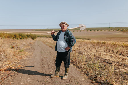 Real People, Real Work. A Seasoned Farmer Stands Proudly in the Outdoors, Shovel in Hand, Amidst His Beautiful Rural Scene. Farming A Senior Farmers Serene Stance Amidst Farmlandの写真素材
