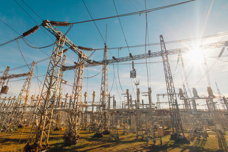 Where Technology Meets Nature High Voltage Lines Form a Fascinating Network of Energy. Experience the Steel Grid That Powers Our Modern Lives in This Breathtaking Display of Electricity.の写真素材