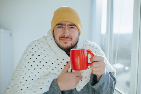 Bundled up against the cold, a tousled-haired man with a beard faces the winter chill under the warmth of a duvet. This close up portrait captures his determination and vulnerability,の写真素材