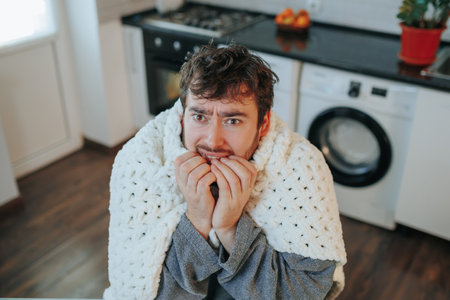 A frozen moment unfolds as a young man with tousled hair battles the cold, shivering under a duvet at home. The close-up portrait captures his determination to find warmth within the comforting foldsの写真素材