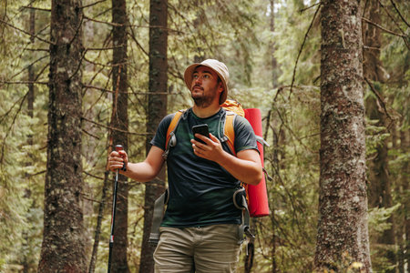 Tech Trails Join a young hiker in the heart of the woodland, where the journey is enhanced by the presence of a smartphone. This image showcases the integration of technology into the hikingの写真素材