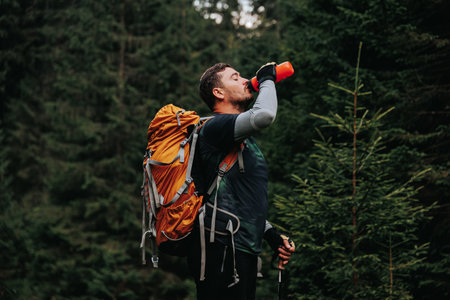 Embark on a trekking adventure with an American traveler, backpack-clad, pausing in a wooded expanse to drink water, embracing the tranquility of the journey into nature.の写真素材