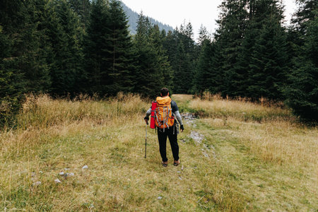 Immerse yourself in the tranquility of the woods as a young hiker, backpack-clad, embarks on a solo trip, embracing the freedom and spirit of an active lifestyle. back viewの写真素材