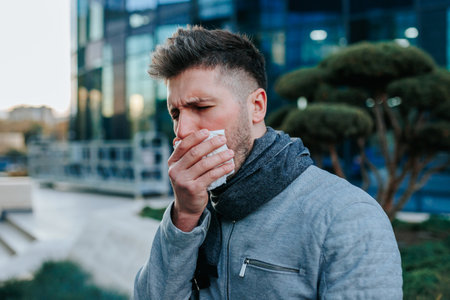 Experience the distress of a young bearded Hispanic American man enduring flu symptoms relentless sneezes and coughs, portrayed in a city street setting.の写真素材