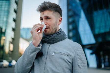 Discover the flu struggle of a young bearded Hispanic American man, illustrated through relentless sneezing and coughing on the city streets.の写真素材