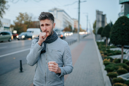 night shot, Observe the flu affliction experienced by a young bearded Hispanic American man, exhibited through frequent sneezing and coughing on the citys streets.の写真素材