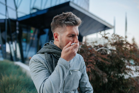 Explore the struggle of a young bearded Hispanic American man battling the flu, manifesting in constant sneezing and coughing on the urban streets.の写真素材