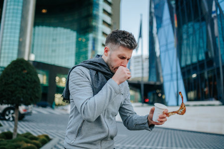 night shot, Discover the flu struggle faced by a young bearded Hispanic American man, illustrated through persistent sneezing and coughing on the city streets.の写真素材