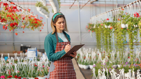 american Scientist woman with holding book of flower during research experiment in flower garden. Female gardener in a greenhouse analyzing some flowers, copy spaceの写真素材