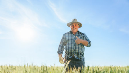 Delighted mature male worker looking at camera with thumb up gesture while standing in agricultural plantation on summer day in rural area. Smiling farmer showing thumb up gesture in field copy spaceの写真素材