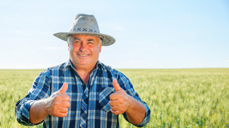 Positive elderly male worker looking at camera with thumbs up while standing in agricultural field with green plants in countrysideの写真素材