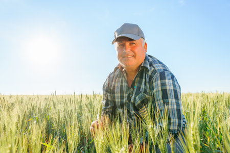 Elderly male farmer in cap looking into distance with pensive face while sitting on haunches in agricultural field on summer day. Mature worker sitting in fieldの写真素材