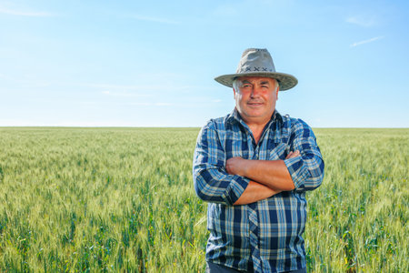 Elderly farmer in agricultural field looking at camera while standing in field with green plants in countrysideの写真素材