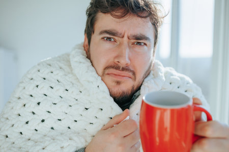 Conveying the cold reality of winter, a bearded man with tousled hair seeks solace under a comforting duvet. The close-up frames his battle with the chill within his house, highlightingの写真素材