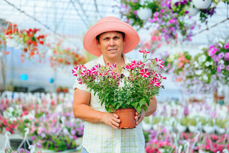 Front view nice senior female florist looking at camera stand in greenhouse smile hold hands pot of flower. Aged woman is happy, flowers in pots are growing beautiful, healthy and ready to sale.の写真素材
